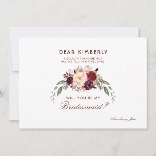 Burgundy Red Floral Will You Be My Bridesmaid Invitation | Zazzle