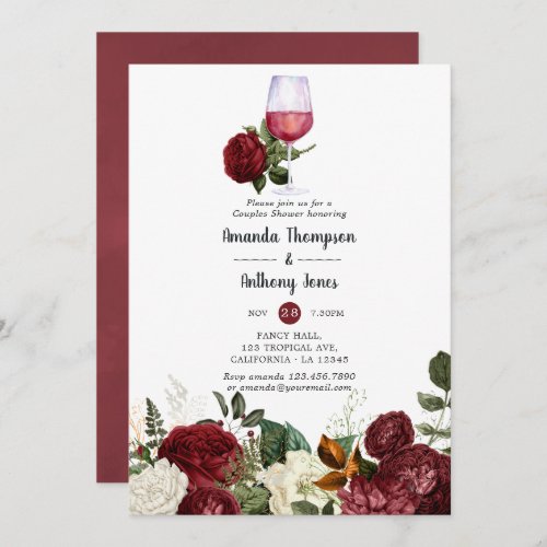 Burgundy Red Floral Wine Tasting Couples Shower Invitation