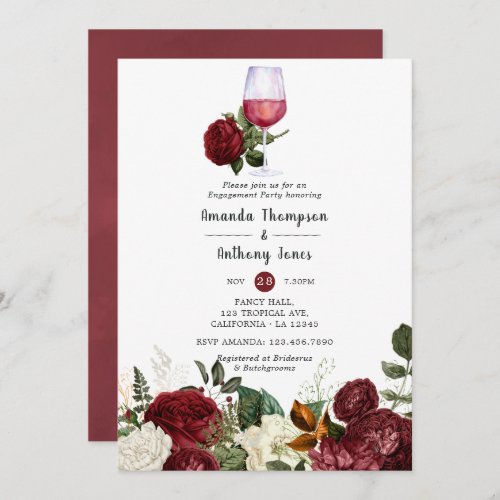 Burgundy Red Floral Wine Tasting Engagement Party Invitation