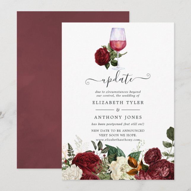 Burgundy Red Floral Wine Tasting Wedding Update Invitation (Front/Back)