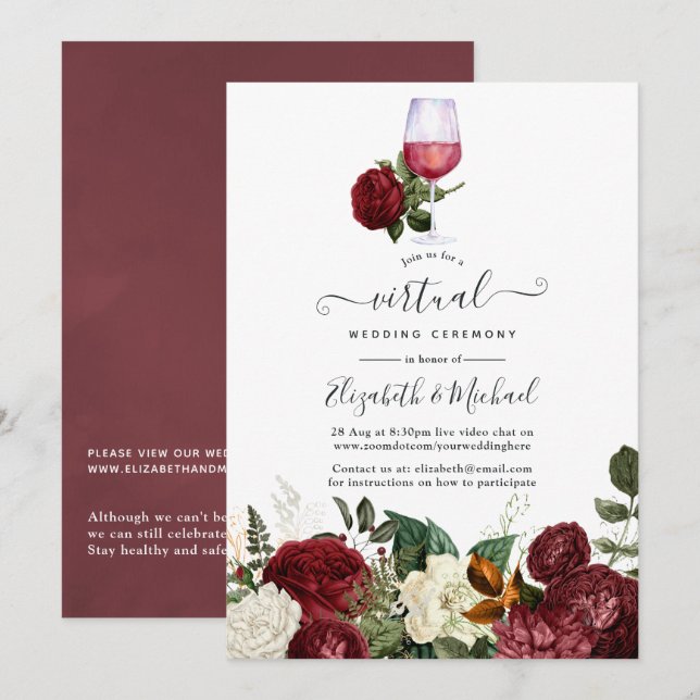 Burgundy Red Floral Wine themed Virtual Wedding Invitation (Front/Back)