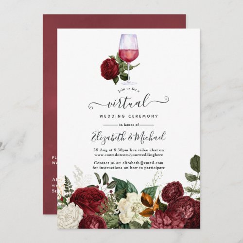 Burgundy Red Floral Wine themed Virtual Wedding Invitation