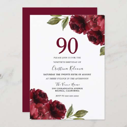 Burgundy Red Floral Womans 90th Birthday Party Invitation