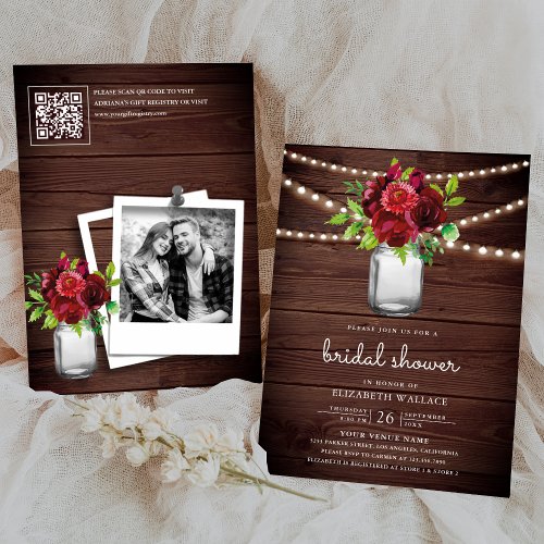 Burgundy Red Floral Wood QR Code Bridal Shower Invitation