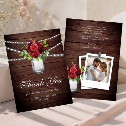 Burgundy Red Floral Wood Wedding Photo Thank You Card