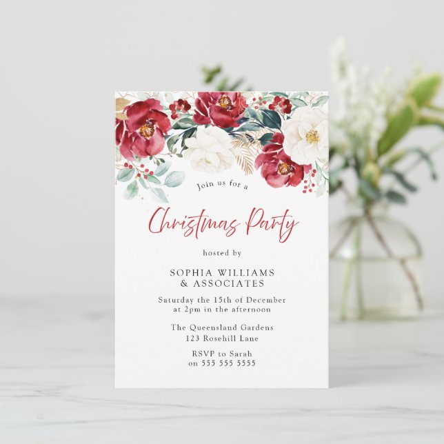 Burgundy Red Floral Work Corporate Christmas Party Invitation (Standing Front)