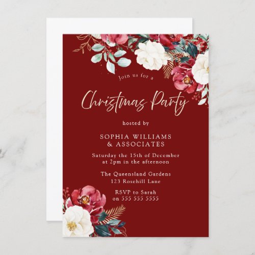 Burgundy Red Floral Work or Family Christmas Party Invitation