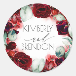 Burgundy Red Floral Wreath Boho Chic Classic Round Sticker
