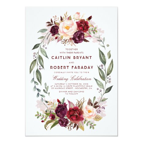 Burgundy Red Floral Wreath Elegant Rustic Wedding Card
