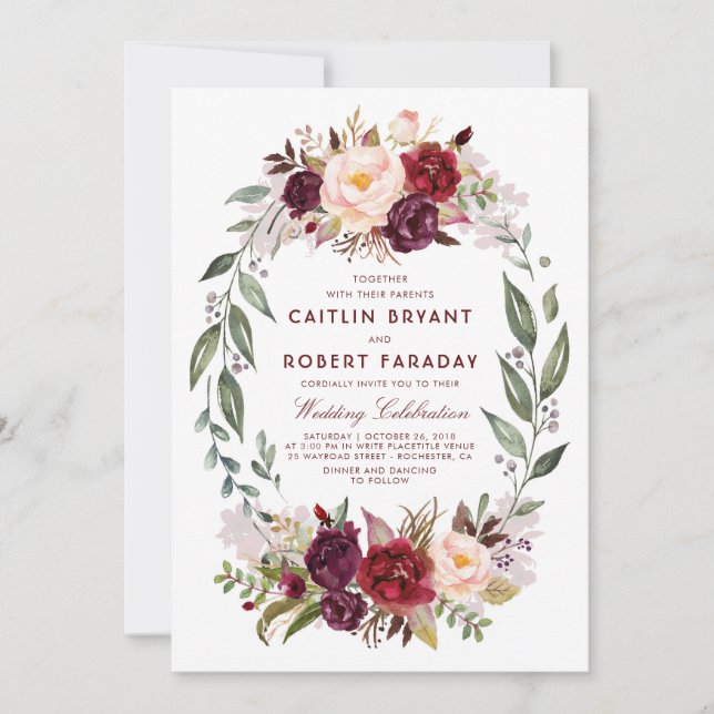 Burgundy Red Floral Wreath Elegant Rustic Wedding Invitation (Front)