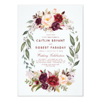 Burgundy Red Floral Wreath Elegant Rustic Wedding Invitation