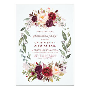 Burgundy Red Floral Wreath Graduation Party Card
