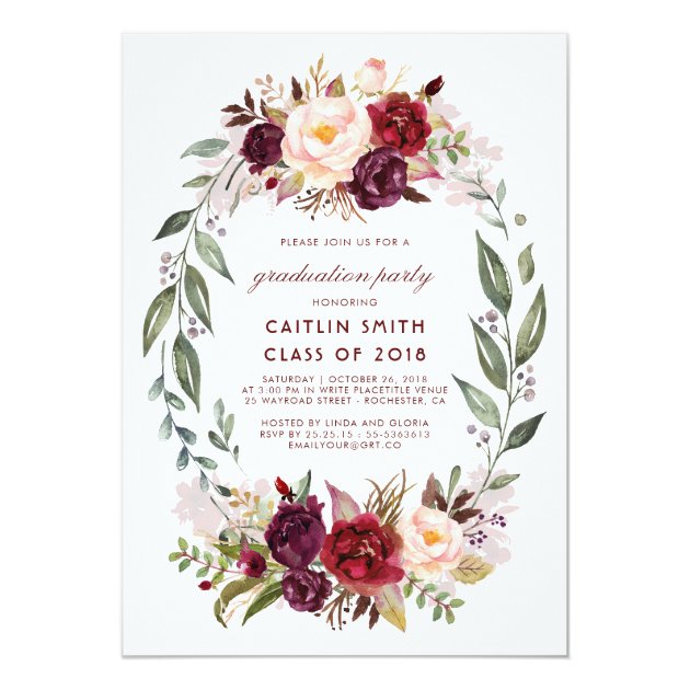 Burgundy Red Floral Wreath Graduation Party Invitation