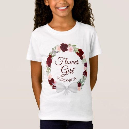 Burgundy Red Floral Wreath Wedding Flower Girl T_Shirt