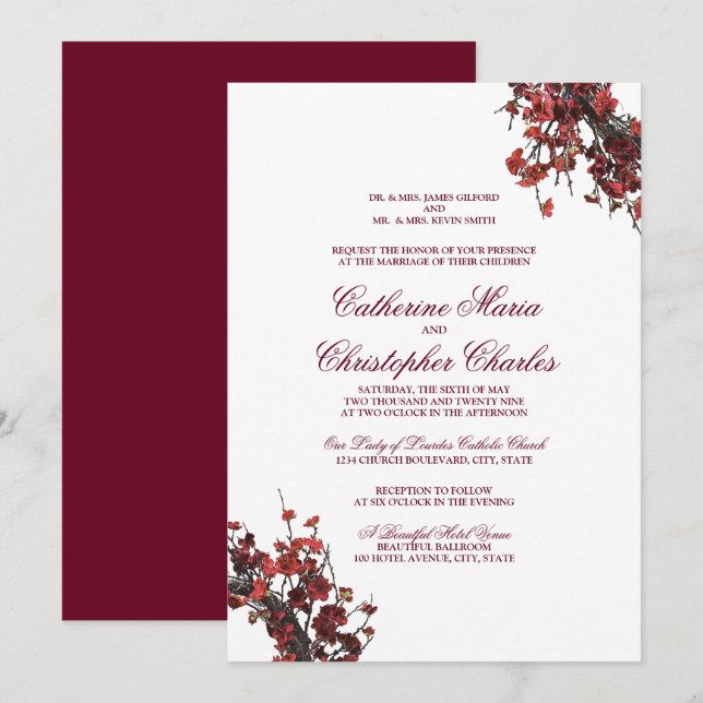 Burgundy Red Floral Wreath Wedding Invitation (Front/Back)