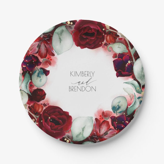 Burgundy Red Floral Wreath Wedding Paper Plates (Front)