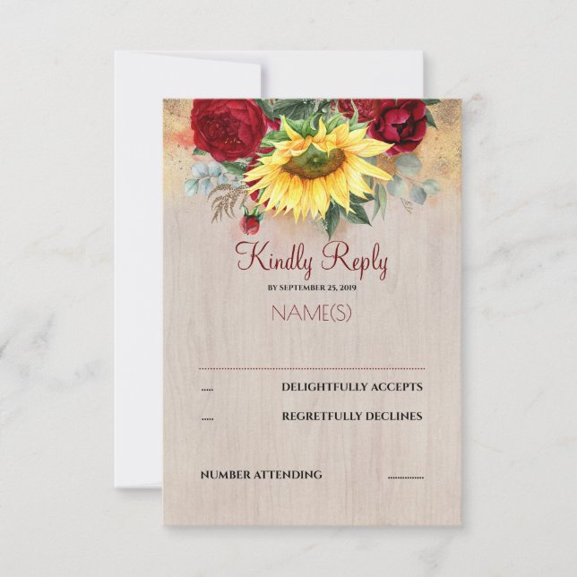 Burgundy Red Florals and Sunflowers Wedding RSVP (Front)