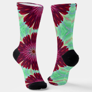 Burgundy Red Flower Mandala Art Fun Socks