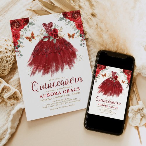 Burgundy Red Flower Quinceaera Princess Dress Invitation