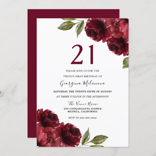 Burgundy Red Flowers 21st Birthday Party Invitation