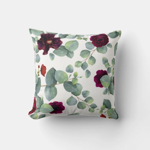Burgundy Red Flowers and Eucalyptus Greenery Throw Pillow