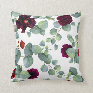 Burgundy Red Flowers and Eucalyptus Greenery Throw Pillow