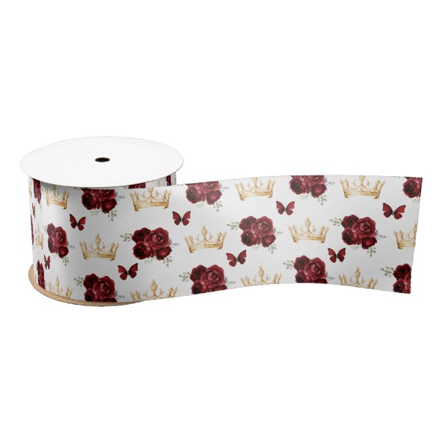 Burgundy Red Flowers and Gold Crowns Satin Ribbon (Spool)