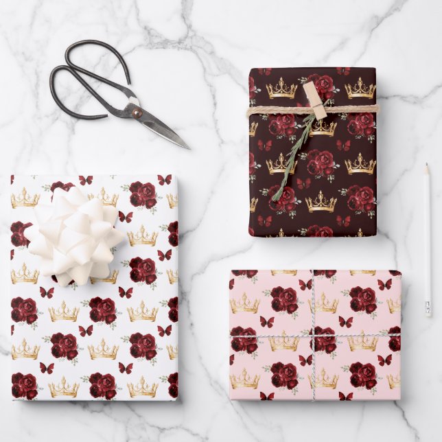 Burgundy Red Flowers and Gold Crowns Wrapping Paper Sheets (Front)