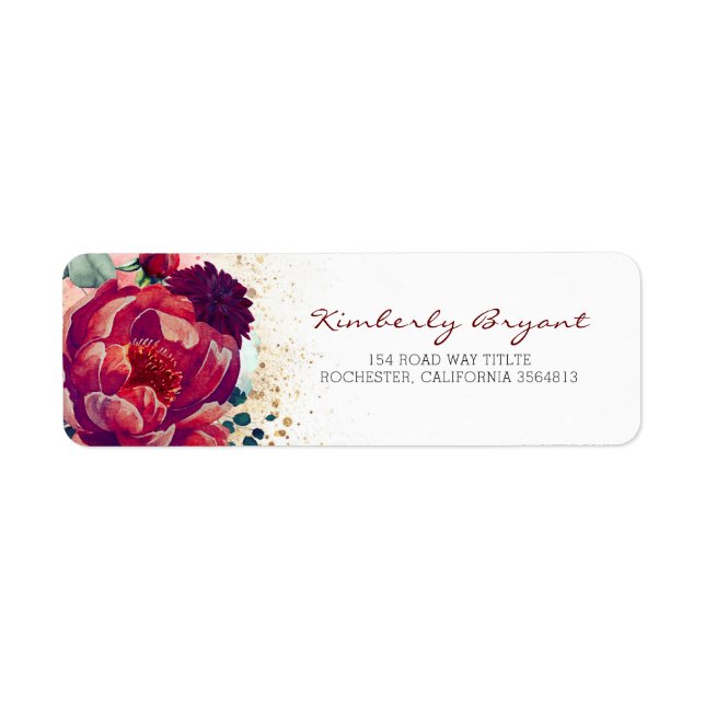 Burgundy Red Flowers and Gold Glitter Elegant Label (Front)