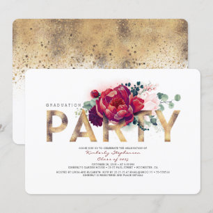 Burgundy Red Flowers and Gold Graduation Party Invitation