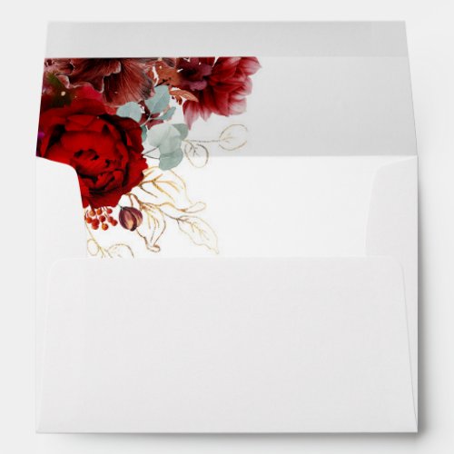 Burgundy Red Flowers and Gold Greenery Leaves Envelope