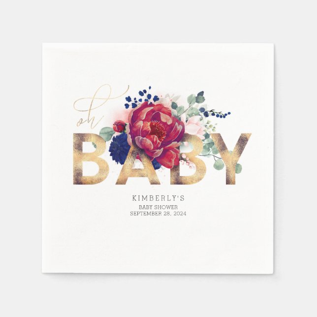 Burgundy Red Flowers and Gold Typography Napkins (Front)