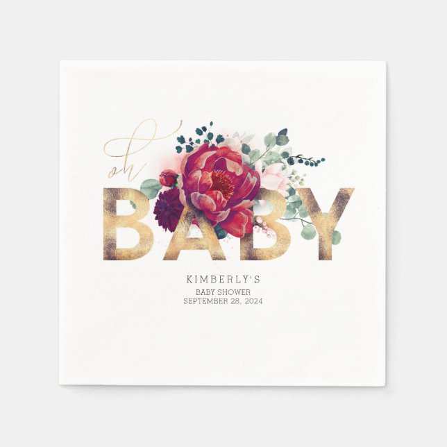 Burgundy Red Flowers and Gold Typography Napkins (Front)