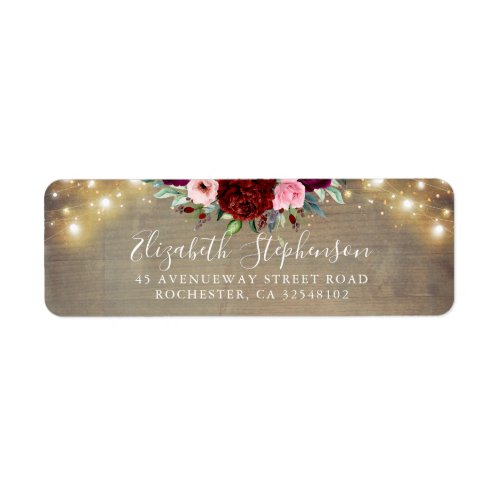 Burgundy Red Flowers and String of Lights Rustic Label