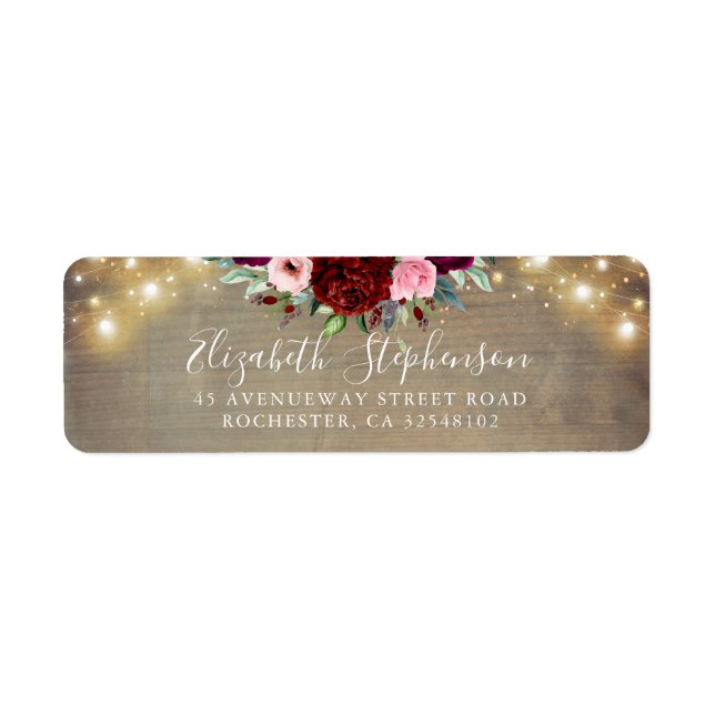 Burgundy Red Flowers and String of Lights Rustic Label (Front)