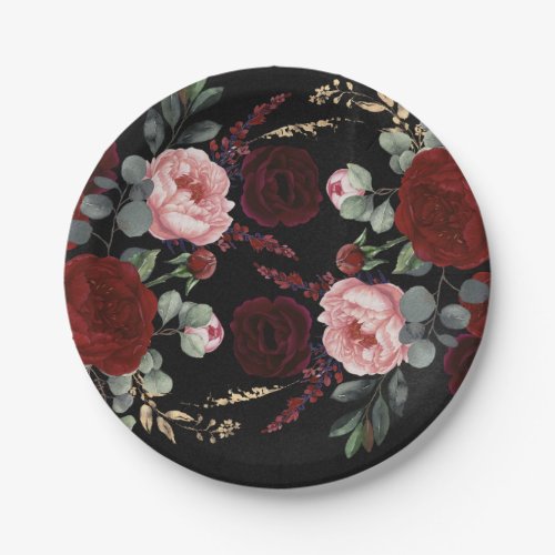 Burgundy Red Flowers Black Modern Fall Wedding Paper Plates