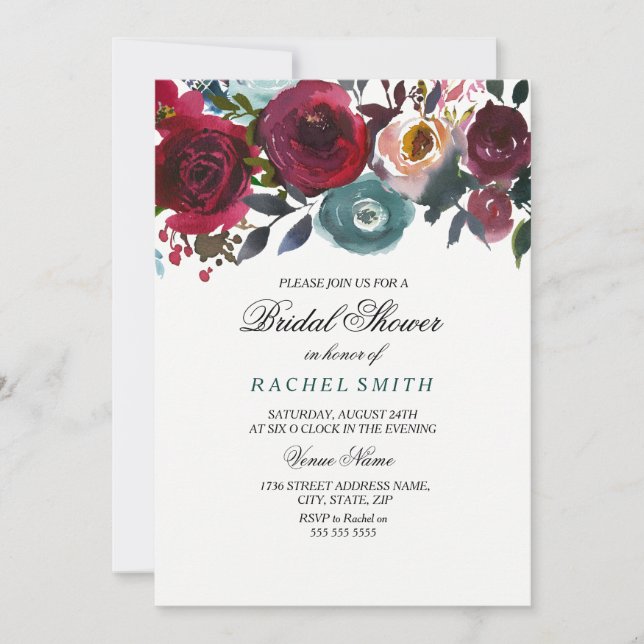 Burgundy Red Flowers Bridal Shower Invitation (Front)