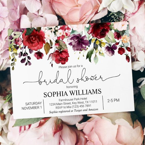 Burgundy  Red Flowers Bridal Shower Invitation