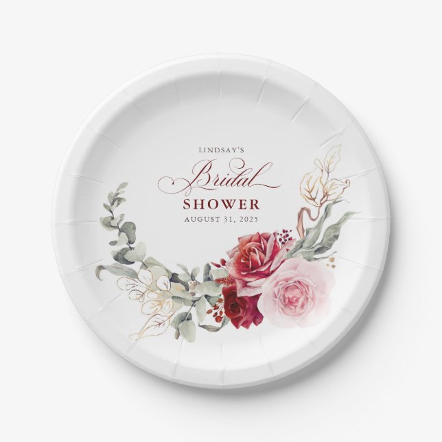 Burgundy Red Flowers Elegant Boho Bridal Shower Paper Plates (Front)