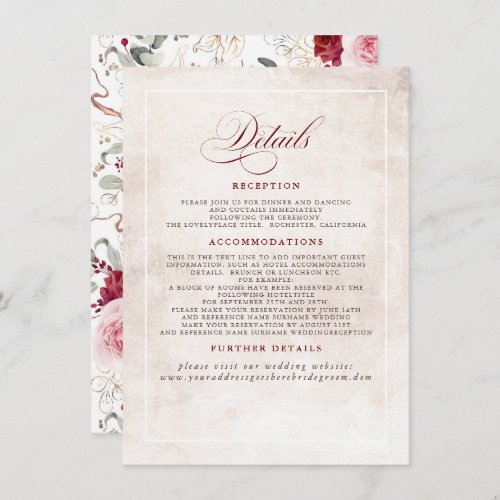 Burgundy Red Flowers Elegant Boho Wedding Details Enclosure Card