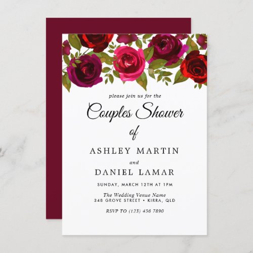 Burgundy Red Flowers Elegant Couples Shower Invitation