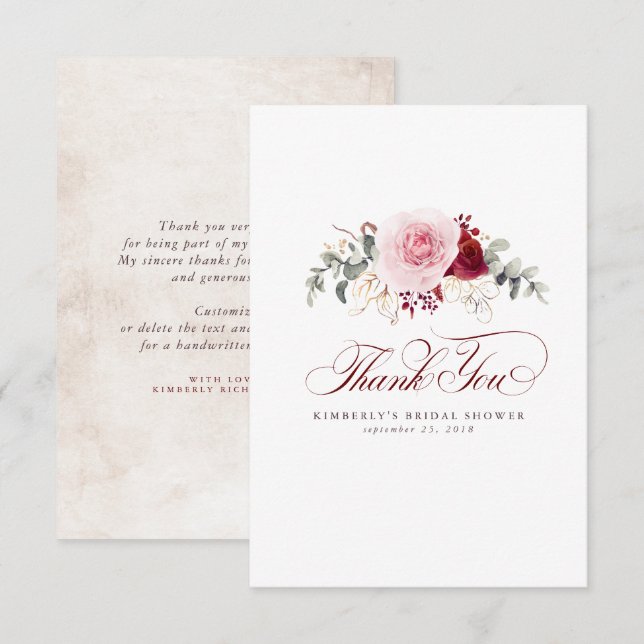Burgundy Red Flowers Elegant Little Thank You (Front/Back)