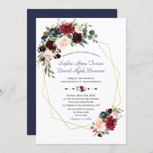 Burgundy Red Flowers Gold Frame Wedding Invitation