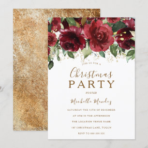 Burgundy Red Flowers Gold Glitter Christmas Party Invitation