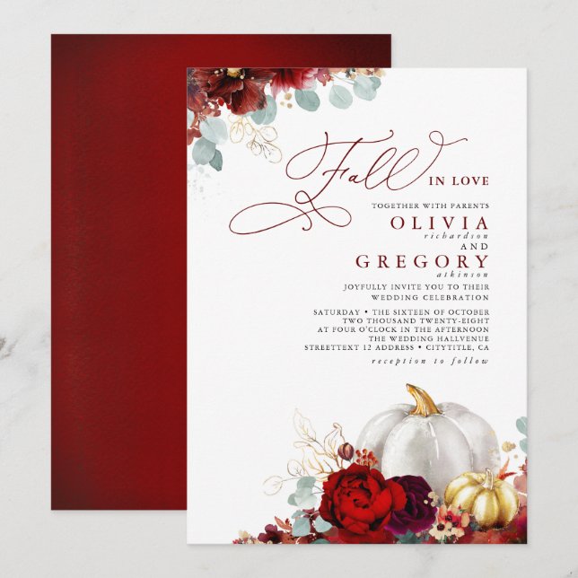 Burgundy Red Flowers Gold Pumpkins Fall Wedding In Invitation (Front/Back)