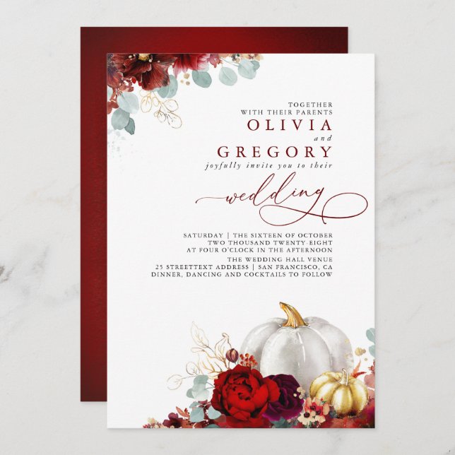Burgundy Red Flowers Gold Pumpkins Fall Wedding Invitation (Front/Back)