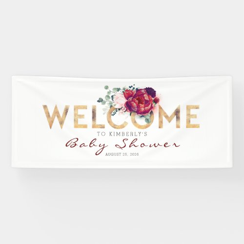 Burgundy Red Flowers Gold Typography Baby Shower Banner