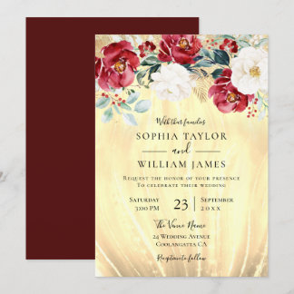 Burgundy Red Flowers Golden Glitter Wedding Invitation