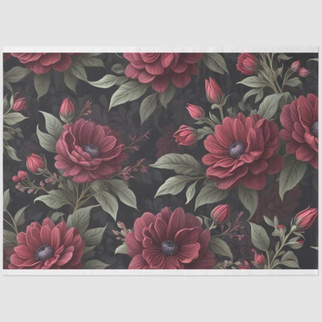 Burgundy Red Flowers Gothic Decoupage Tissue Paper (Front)