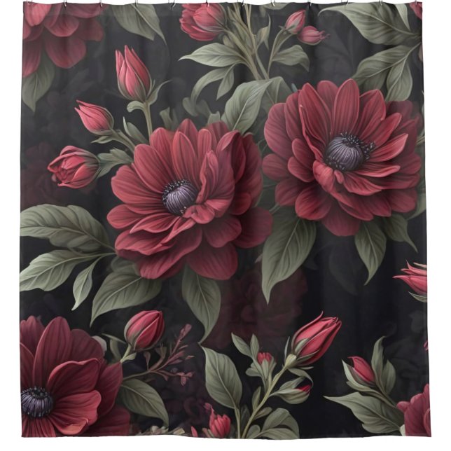 Burgundy Red Flowers Gothic Shower Curtain (Front)